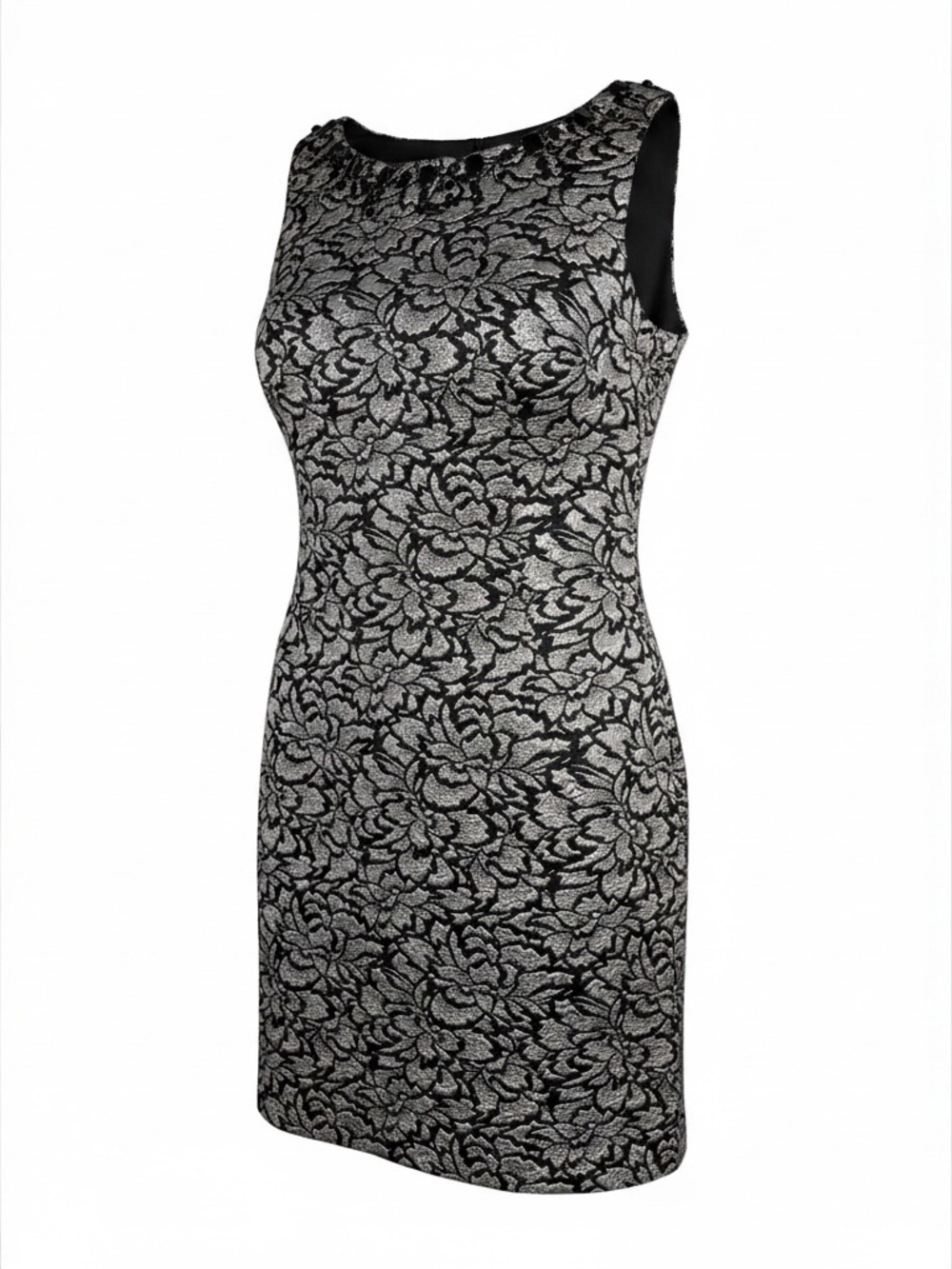 Vince Camuto Black and Silver Floral Sheath Dress